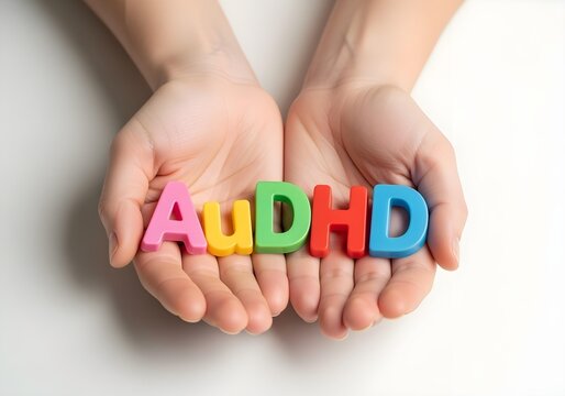 AuDHD awareness colorful plastic letters held in cupped hands symbolizing autism ADHD neurodiversity mental health focus disorder inclusion spectrum and therapy acceptance