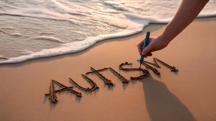 Autism awareness word written in sand on beach by hand holding pen near ocean waves at sunset symbolizing neurodiversity spectrum inclusion therapy and mental health awareness