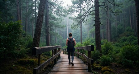 Fototapeta premium Solo hiker crossing wooden bridge in misty pine forest