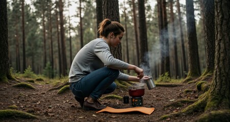 Obraz premium Camper boiling coffee on camp stove in misty pine forest