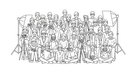 Line Art Group of People Holding Cameras with Studio Lights