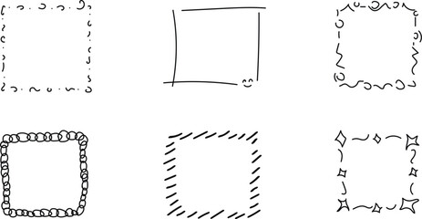 Fun frames set, playful black vector frames with lines, circles, stars and dots in a childlike hand-drawn style, transparent background