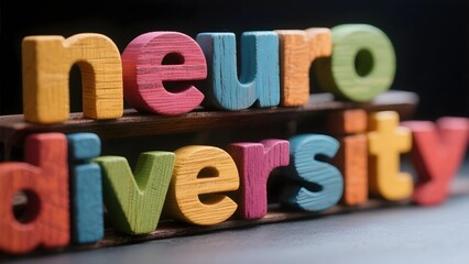 Neurodiversity awareness colorful wooden letters stacked on surface representing inclusion spectrum mental health acceptance autism ADHD and therapy in creative design
