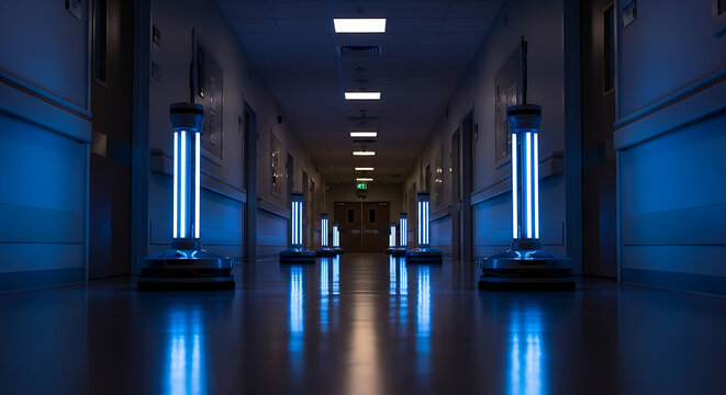 Hospital hallway illuminated by blue UV light disinfection wands symbolizing germicidal sterilization and safety protocols in healthcare environments