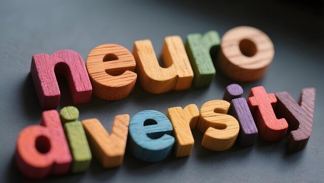Neurodiversity awareness colorful wooden letters stacked on surface representing inclusion spectrum mental health acceptance autism ADHD and therapy in creative design
