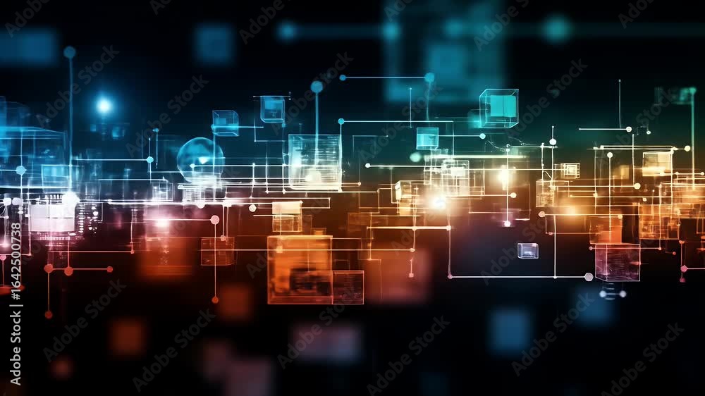 Wall mural abstract network of glowing digital cubes and lines on a dark background