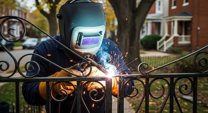 Skilled craftsman working on ornamental metalwork forging fence using welding torch sparks flying creating custom decorative garden gate project outdoors in suburban neighborhood