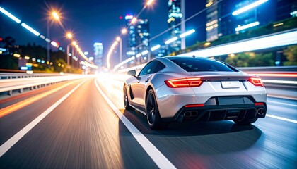 Sports car driving fast on a highway at night with motion blur light trails.

