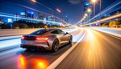 Sports car driving fast on a highway at night with motion blur light trails.

