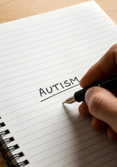 Autism awareness handwritten in black ink on lined notebook paper with ballpoint pen representing neurodiversity spectrum inclusion therapy and mental health support