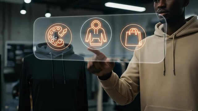 Digital Fashion Customization: A Black man utilizes a holographic display to personalize apparel in a modern retail setting, defining the future of shopping and design innovation.