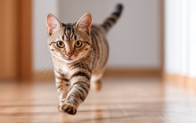 Adorable tabby cat walking towards the camera indoors