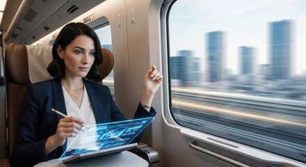 Businesswoman technology futuristic tablet high speed train cityscape digital interface professional travel innovation focus. professional woman uses transparent digital tablet high speed train