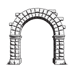 Fototapeta premium Hand drawn illustration of an ancient stone arch architectural design in black and white