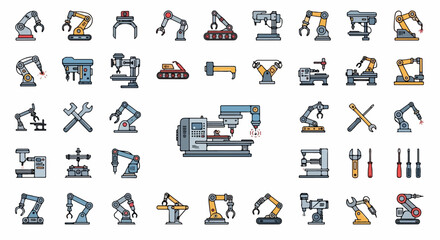 Collection of industrial robot arms and machinery, perfect for factory automation and manufacturing concepts.