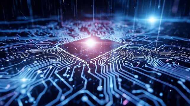 Closeup of a glowing blue and pink computer chip with intricate circuitry
