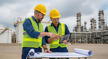 Two engineers wearing yellow safety helmets and reflective vests discuss industrial plans at oil refinery site, using digital tablet and blueprints outdoors under cloudy sky