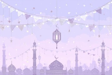 Eid Mubarak Lanterns with Stars and Bunting Flags Pastel Purple Design