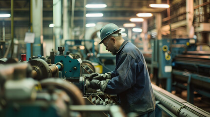 Factory worker assembling machinery conveyor