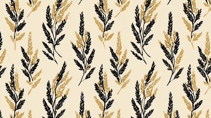Golden and black wheat branches form a delicate pattern against a pale beige background
