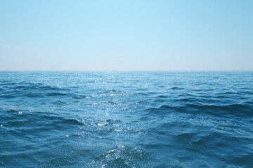 Ocean Horizon View with Waves and Clear Sky Reflecting Sunlight
