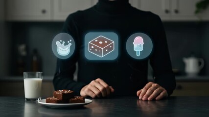 Augmented Reality Food Selection: An adult in a black turtleneck interacts with a futuristic digital menu, choosing a virtual dessert from holographic icons on a modern kitchen counter. - Powered by Adobe