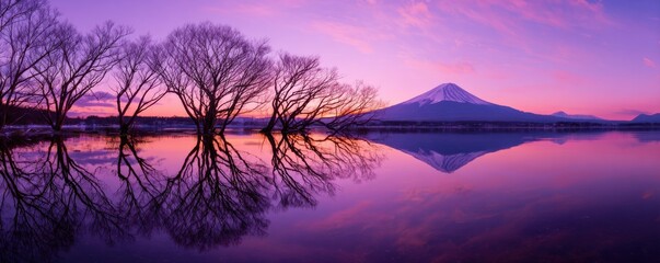 Reflections of barren trees and majestic mountain on serene lake under violet sky at dusk