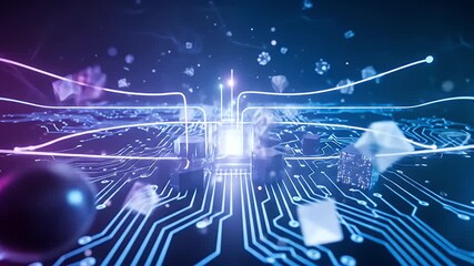 Futuristic circuit board with glowing nodes and geometric shapes - Powered by Adobe