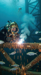 Fototapeta premium Underwater welder in protective suit and helmet performing welding on metal structure surrounded by fish, creating sparks and bubbles in deep blue ocean environment