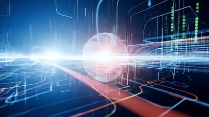 Futuristic digital sphere with glowing lines in a dark environment - Powered by Adobe