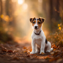 Cute puppy sitting calmly on autumn leaves in a warm glowing forest background