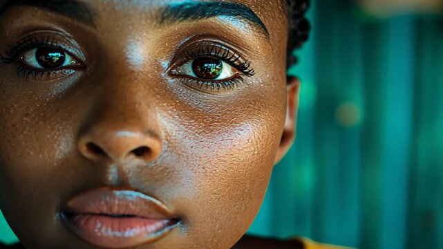 Close-up of woman&rsquo;s face with beautiful glowing skin eyes looking directly at camera for skin care beauty advertisements radiant healthy complexion natural glow concept