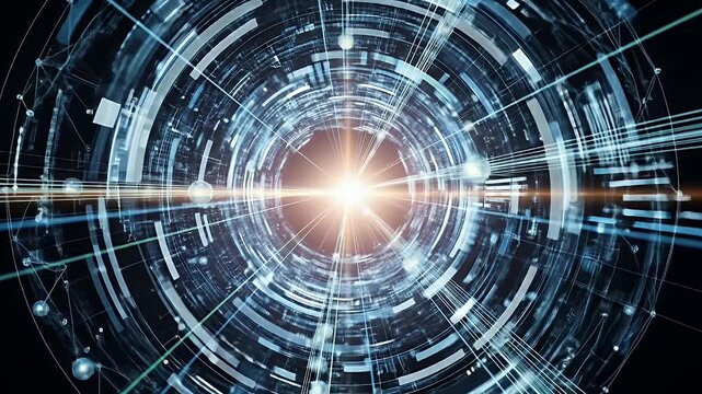 Futuristic digital tunnel with light burst