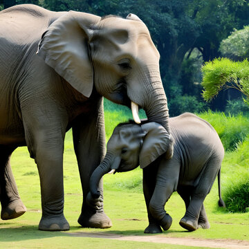Baby Aziatische olifant speelt bj oeder in de buurt