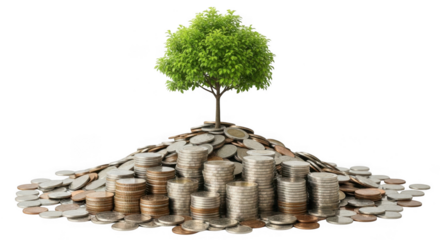 A small green tree growing on a large pile of coins, symbolizing financial growth and investment success, isolated on transparent background