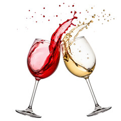 Two Wine Glasses Toasting with Red and White Wine Splash, Isolated on White or Transparent Background