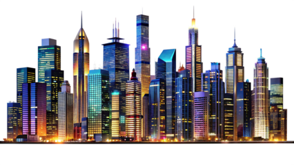 vast modern city skyline at night isolated on white background PNG , AI GENERATED