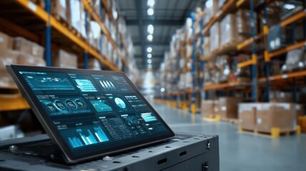 Closeup of a stateoftheart control panel inside the microwarehouse with touchscreens displaying realtime analytics and automated inventory management set against the backdrop of neatly