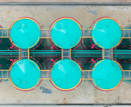 Colorful Chemical Plant Storage Tanks Top View