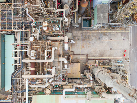Aerial View of Petrochemical Plant Industrial Pipes and Equipmen