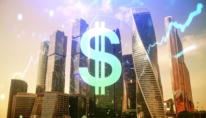 Dollar sign over skyscrapers