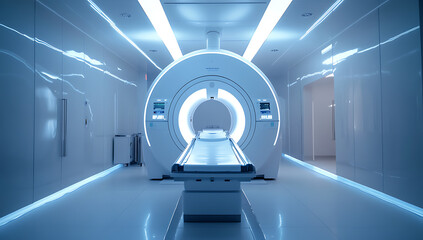 Mri scanner machine in a modern, sterile hospital room with a blue light glow.