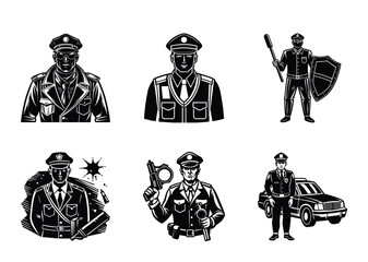 Monochromatic police officers illustration exhibiting various stances and tools of their trade