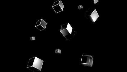 abstract minimalistic animation of cubes floating in the air, simple shapes, black background Generative AI