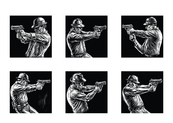 Vintage Gangster Aiming a Gun Illustration in Black and White Art Style