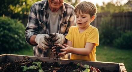Grandfather and grandson gardening together, planting seedlings in a raised garden bed on a sunny day. The boy is looking at the soil in his hands.