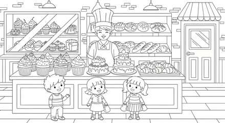 Happy Children and Baker in a Sweet Bakery Shop Looking at Delicious Pastries