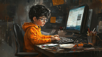 Focused child typing intensely at powerful computer amid messy desk with scattered papers and tech tools, digital painting style