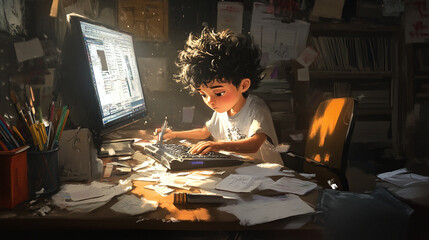 Focused child typing intensely at powerful computer amid messy desk with scattered papers and tech tools, digital painting style