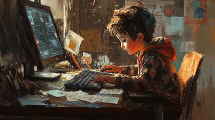 Focused child typing intensely at powerful computer amid messy desk with scattered papers and tech tools, digital painting style